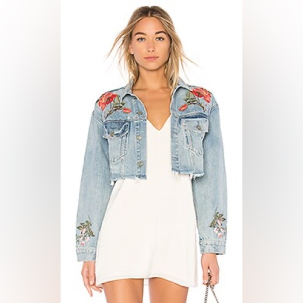 Grlfrnd oversized floral embroidered denim cropped jacket